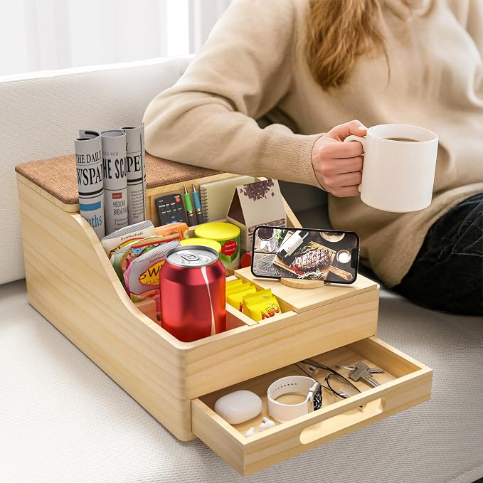 Couch Caddy with Cup Holders, Multi-Use Sofa Table with Flip Top Push-Pull Drawer, Sturdy Pine Wood Hold Hands Couch Cup Holder for Car, Living Room, Bedroom, Vanity