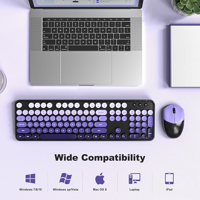 Wireless Keyboard and Mouse Combo, 2.4GHz Retro Full-Size Typewriter Keyboard with Number Pad and Wireless Mouse for PC/Laptop/Desktop/Windows (Black Purple Colorful)