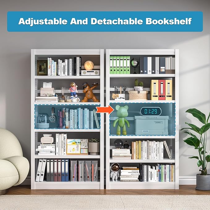 69" Tall White Metal Bookshelf, 5-Tier Adjustable Bookcase, Easy Assembly Modern Storage Shelf for Office, Home, Living Room, Library, School