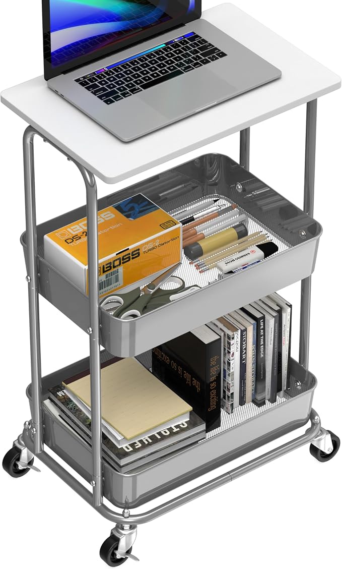 Simple Houseware 2-Tier Rolling Utility Cart with Lockable Wheels and Wood Top, Metal Storage Organizer Trolley for Kitchen, Bathroom, Office, Craft Room, White