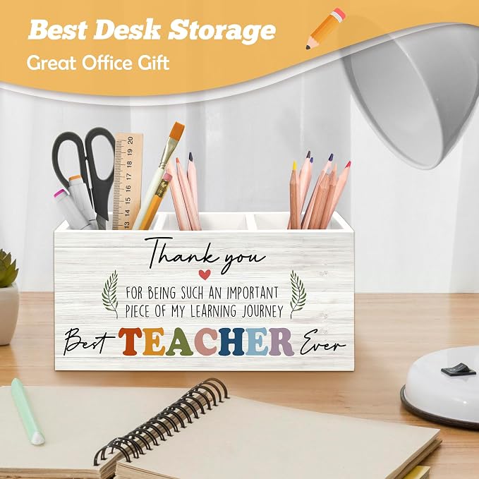 Teacher Appreciation Gifts Pen Holder Organizer for Desk Accessories, End of Year Thank You Teacher Gifts for Women Men Wooden Box Sign Desk Decorations for Office Classroom Tabletop