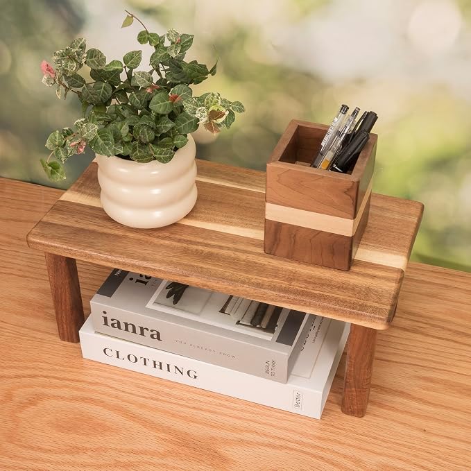 Acacia Wooden Desktop Organizer Shelf Kitchen Cabinet and Counter Riser Display Shelf for Top of Desk Home Office Bathroom Coffee Table Display Stand
