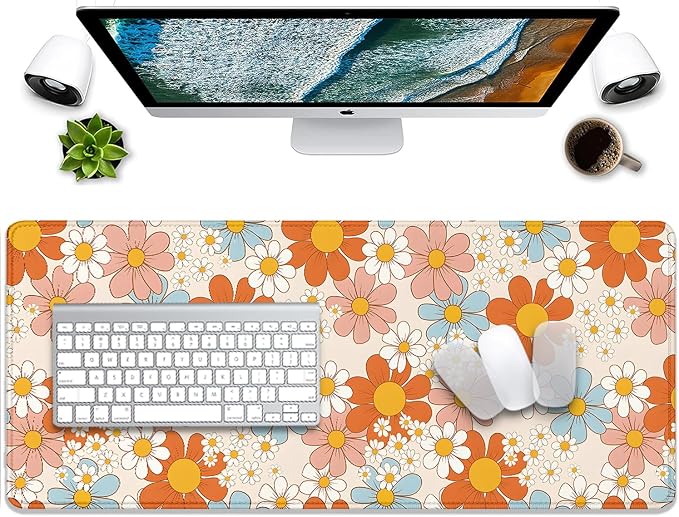 Vintage Floral Mouse Pad Daisy Desk Pad,Retro Flower Mouse Mat,Extended Gaming Mouse Mat,Stitched Edges Non-Slip Waterproof Rubber Base Mous Mat for Office Home Work Game Desk Pad(27.5X11.8 in)