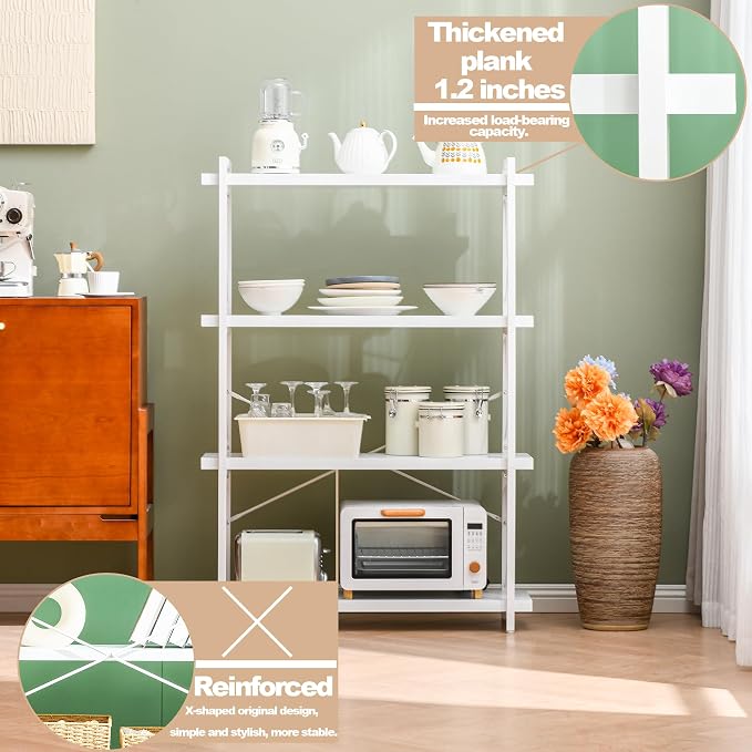 HCHQHS Bookshelf, 4-Tier Industrial Bookcase, White Open Book Shelf, Freestanding Tall Bookshelves with Metal Frame
