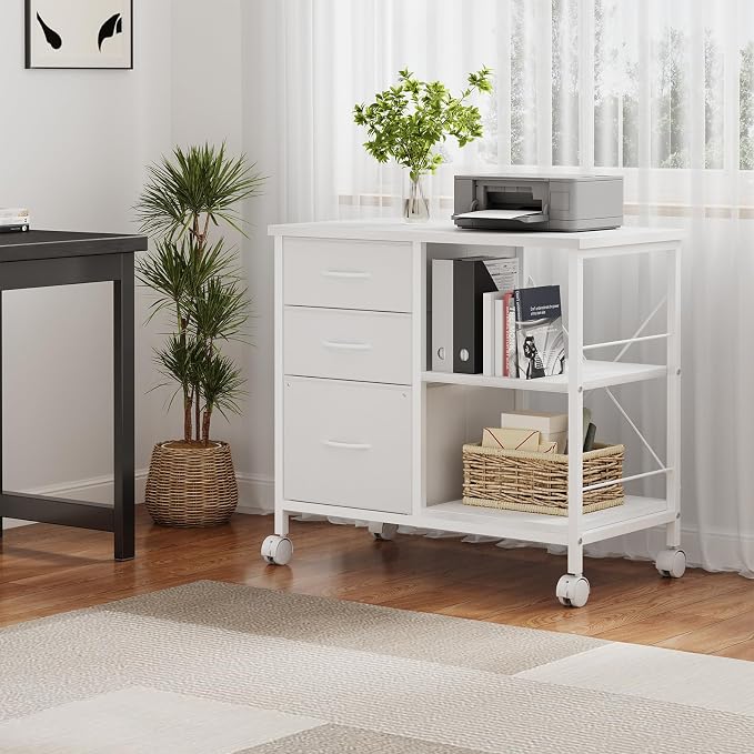 DUMOS 3 Drawer Mobile File Cabinet, Freestanding Fabric Lateral Filing Cabinet Fits A4/Letter Size, Space Saving Rolling Printer Stand with X-Frame and Open Storage Shelf for Home Office, White