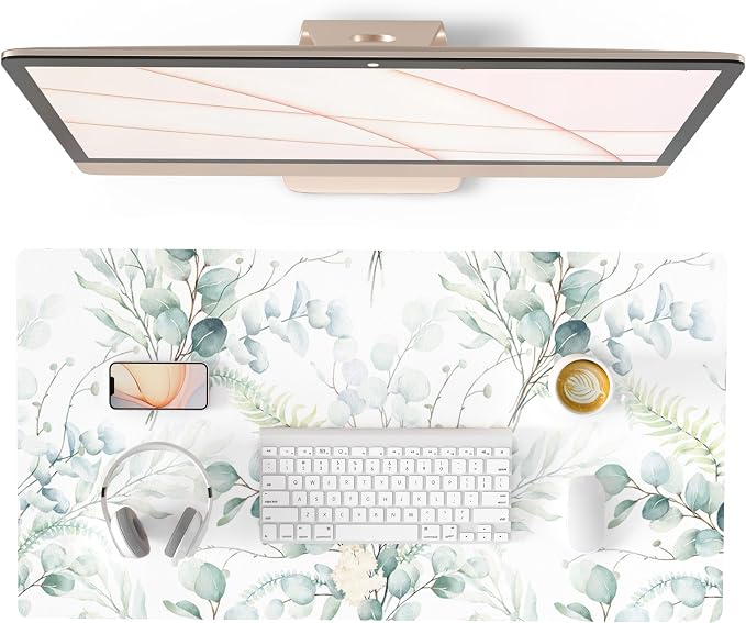 QIYI Large Mouse Pad for Desk, Cute Desk Mat for Desktop, Women Girls Green Office Décor Desk Accessories, PU Leather Waterproof Gaming Mousepad, Eucalyptus Leaf Desk Pad Computer Mat, 31.5" x 15.7"