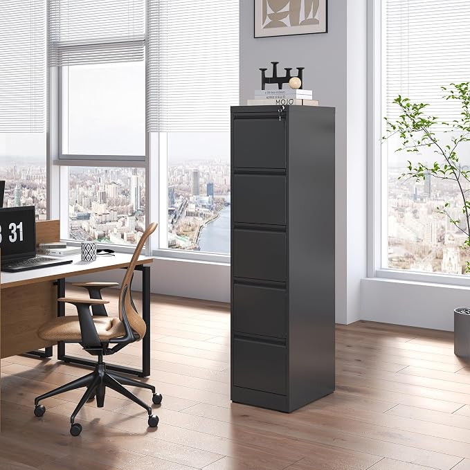 5 Drawer File Cabinet with Lock,Metal Vertical Filing Cabinets for Home Office,Heavy Duty File Storage Cabinet for Letter/Legal/A4/F4 Size File,Assembly Require (Black, Vertical 5 Drawer)