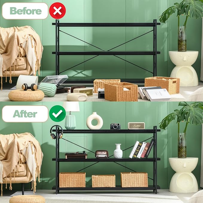 HCHQHS Bookshelf, 3-Tier Long Industrial Bookcase, Black Open Book Shelf, Freestanding Horizontal Bookshelves with Metal Frame