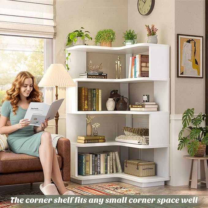 Armocity Corner Book Shelf - 5 Tier Corner Bookshelf Etagere Bookcase with Baffle, Freestanding L Shaped Display Shelf Stand for Home Office, Living Room, Bedroom, Kitchen, White