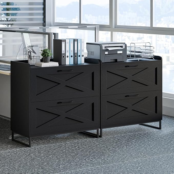 Lateral File Cabinet 2 Drawer File Cabinet with Charging Station for Legal/Letter/A4 Size Hanging Files, Modern Farmhouse Large Wood File Storage Cabinet Printer Stand for Home Office Furniture(Black)