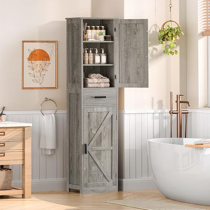 TEENFON Tall Bathroom Cabinet, Storage Cabinet with 6 Shelves & Drawer, Bathroom Storage Cabinet with Adjustable Shelves, Tall Cabinet for Living Room, Home Office, Grey