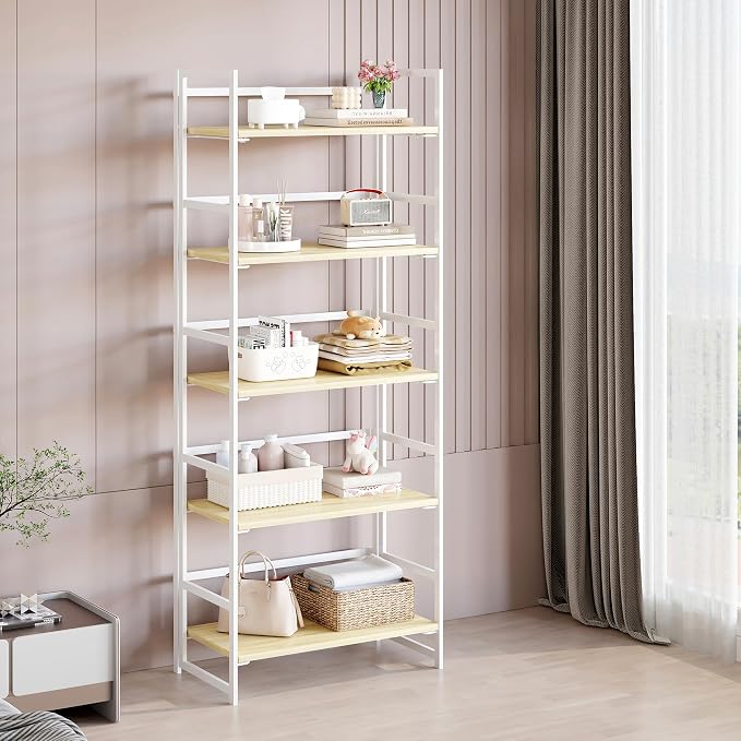 BHG Vintage Multifunctional Folding Bookshelf, No-Assembly Plant Stand Storage Rack Shelves for Home Office (White, 5-Tier)