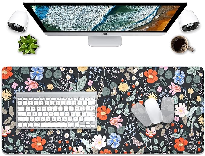 Strawberry Flowers Mouse Pad Desk Pad,Extended Gaming Mouse Mat with Stitched Edges Non-Slip Waterproof Rubber Base Mous Mat for Office,Computer,Keyboard,Laptop and Home Desk Pad(27.5X11.8 in)