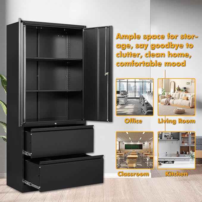 STANI 2 Drawer Lateral File Cabinet - Metal Storage Cabinet with Locking Drawers for Letter/A4 Size Files (Black)
