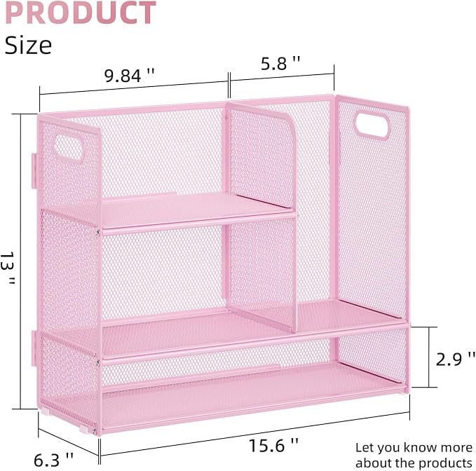 Marbrasse 3-Tier Desk Shelf Organizer with Handle, Desktop Bookshelf File Holder, Mesh Display Shelf Organizer Storage Rack for Office, Home, Supplies, Kitchen (Pink)