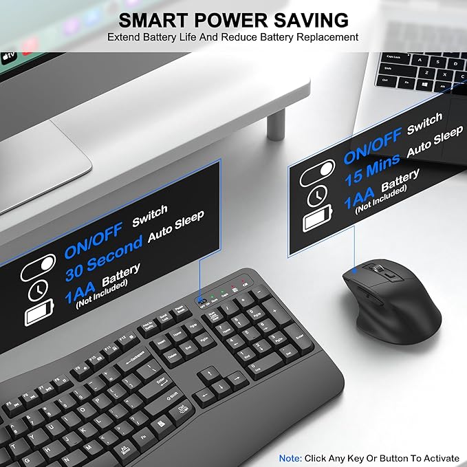 Wireless Keyboard and Mouse Combo, 2.4G Full Size Wave Keys Ergonomic Keyboard with Wrist Rest and 3-Level DPI Adjustable Wireless Ergonomic Mouse for Windows, Mac OS Desktop/Laptop/PC(Graphite)