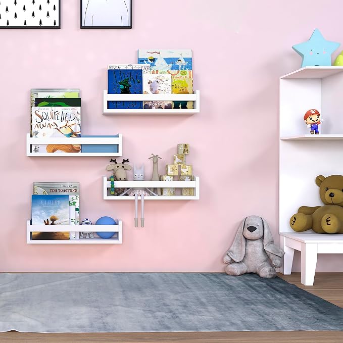 NATURE SUPPLIES Set of 4, White Floating Nursery Book Shelves, 16.4" Solid Wood Floating Bookshelves, Wall Book shelf for Kids Rooms Decor, Toys & Playroom Furniture, Kids Bookshelf, Nursery Bookshelf
