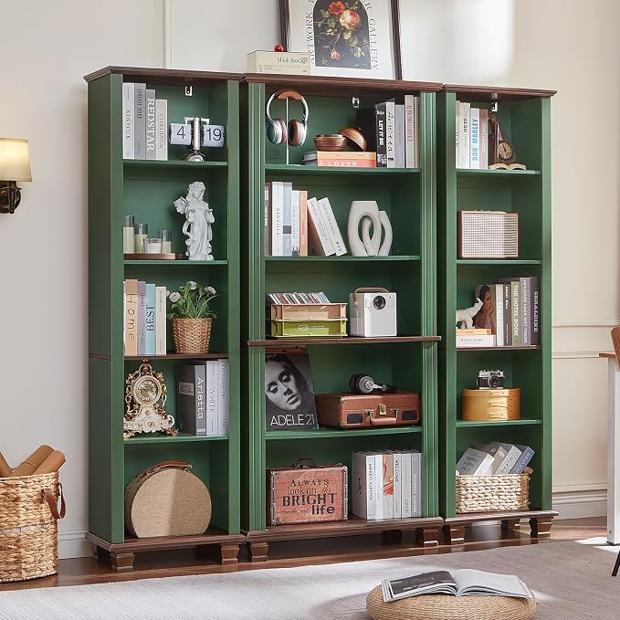 SAVOR LIFE Narrow Green Book Shelf, 70" Tall Skinny Bookshelf with Adjustable Shelves & Wooden Legs, Farmhouse Wood Bookcase w/5-Tier Open Storage, Free Standing Book Case for Office,Living Room,3PCS