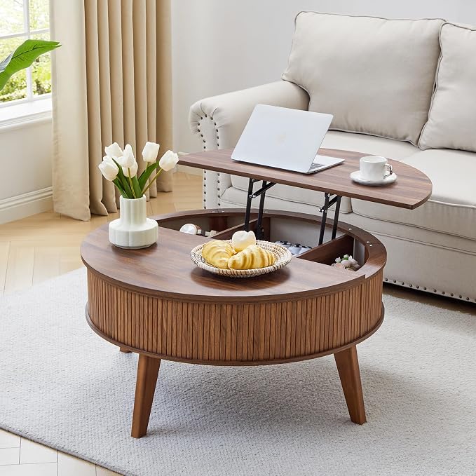 Round Lift Top Coffee Table with Storage, 35.4'' Fluted Wood Center Table Mid Century Modern Coffee Table with Lifting Top for Living Room, Office, Small Space (Walnut)