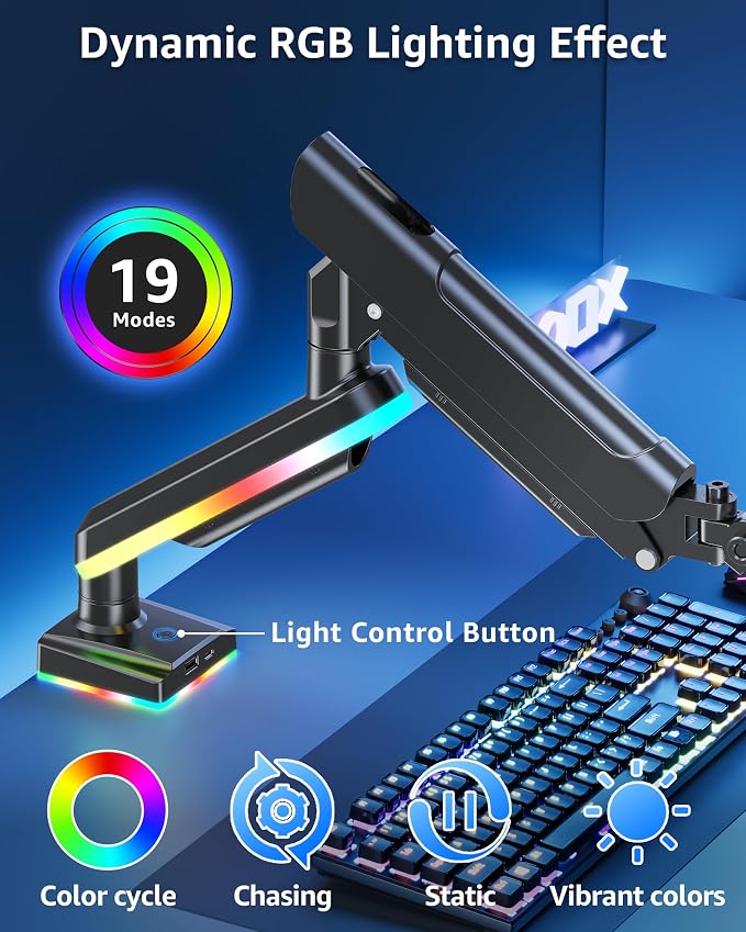 MOUNTUP RGB Single Monitor Arm Fits 32 27 24 22 inch, Holds 4.4-22lbs Screens, Monitor Stand for Desk with RGB Lights, 19 Modes, Computer Monitors Desk Mount, VESA Mount with Clamp & Grommet Bases