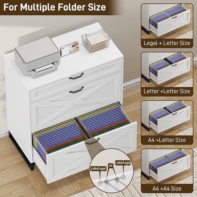 Vabches Lateral File Cabinet, Modern Farmhouse File Cabinet with 3 Drawers for Legal/Letter/A4 Size Hanging Files, Printer Stand Large Wood Home Office, Office White