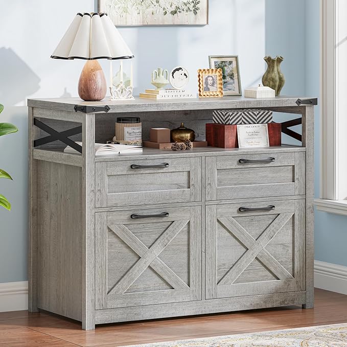 Halitaa Farmhouse 4 Drawer File Cabinet with Open Storage Shelf, Lateral Filing Cabinet Fits Letter/A4/ Size, Home Office Filing Organizer, Document Storage Printer Stand for Home and Office,Grey