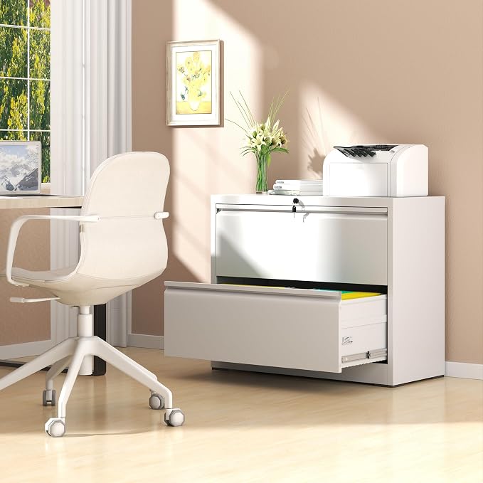 AQY 2 Drawer File Cabinet with Lock,Metal Lateral File Cabinets for Home Office,Steel Wide Filing Organization Storage Cabinets for Hanging Files Letter/Legal/F4/A4 Size Assembly Required(White)