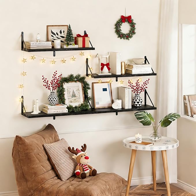 Heimlove Black Deep Floating Shelves for Wall, 36W x 8D Wood Wall Shelves Set of 2, Wide Floating Bookshelf for Living Room, Kitchen, Office, Bedroom and Decor Storage, with Metal Bracket - Black