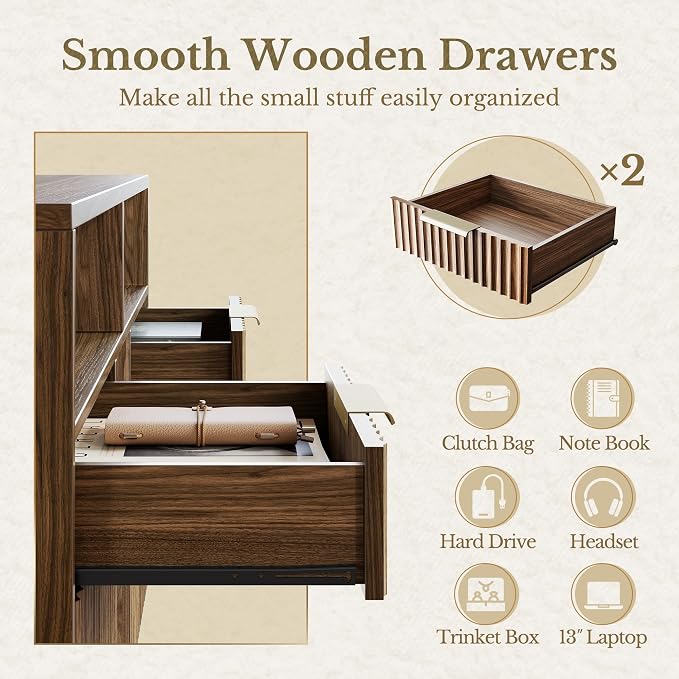 4 Drawer File Cabinet, Fluted Wood Lateral Filing Cabinet with Lock and Charging Station for Home Office, Printer Stand with Open Storage Shelves, Fits A4, Letter Size, Black Waulnut