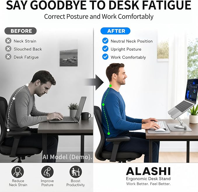 ALASHI Laptop Stand for Desk with 360° Rotating Base, Multi-Angle Adjustable Laptop Stands, Foldable Laptop Riser Compatible with 10 to 17 Inches PC Computer, Silver