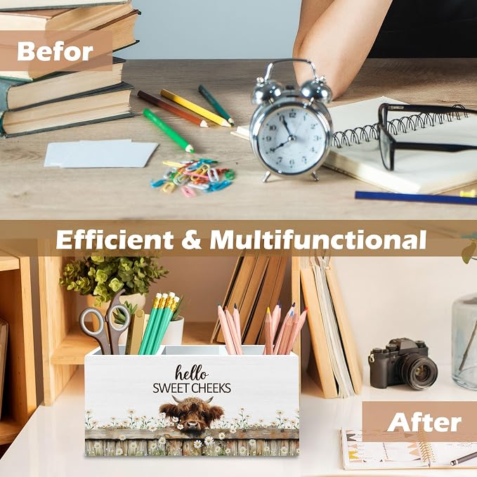 DILSJ Rustic Western Highland Cow Pen Pencil Holder Organizer for Desk, Highland Cow Gifts for Women, Hello Sweet Cheeks Wooden Box Signs for Home Office Desk Tabletop Decoration