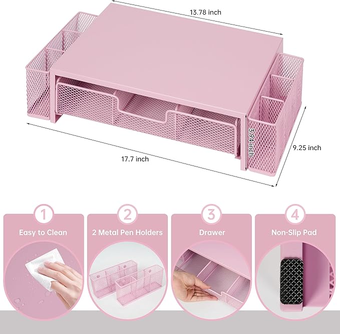 Qupui Computer Monitor Stand Riser with Drawer and Pen Holders, Desk Organizer Shelf and Accessories, Office Desk Accessories, Office Organization, Pink