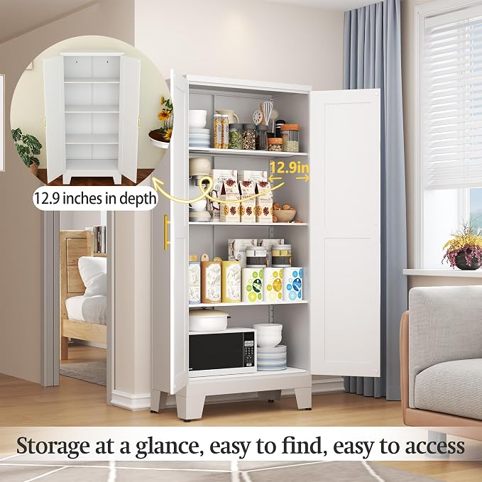White Metal Storage Cabinet, 61" Steel Cabinets for Home Office, Kitchen Pantry Storage Cabinet with Doors and 3 Adjustable Shelves, Tool Cabinet, for Office, Home, Garage, School