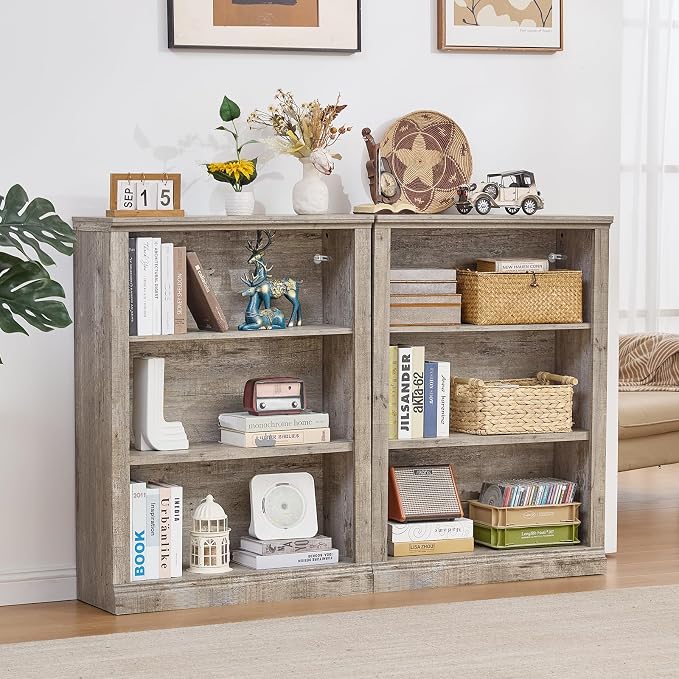 RWYHG 43" Grey Tall Bookshelf Set of 3,3-Tier Thick Wooden Book Shelf with Adjustable Shelves,Free Standing Farmhouse Bookcase with Open Display Storage,Floor Vintage Bookshelves for Living Room