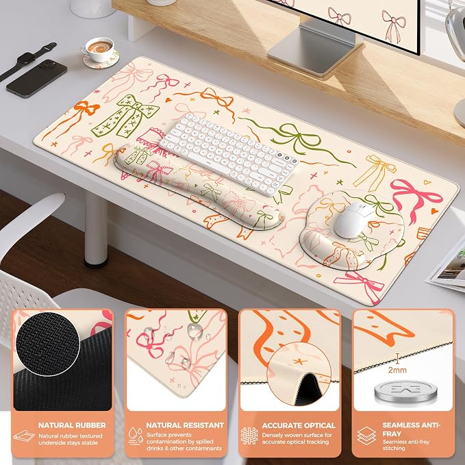 iCasso Desk Pad Mat, Large Mouse Pad and Keyboard Wrist Rest Set, Desk Protector Mat,4in1 Ergonomic Carpal Tunnel Keyboard Pad with Wrist Support for Desktop Home Office Computer (Colorful Ribbon)