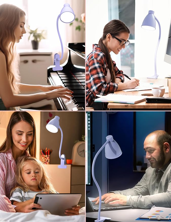 BOHON Desk Lamp with Clamp Clip on Light 5 Color 10 Brightness Lilac Purple | 10W 38 LED Flexible Gooseneck Clip Lamp, Auto Off Timer, Desk Lights for Office Home Bed Bedside Reading