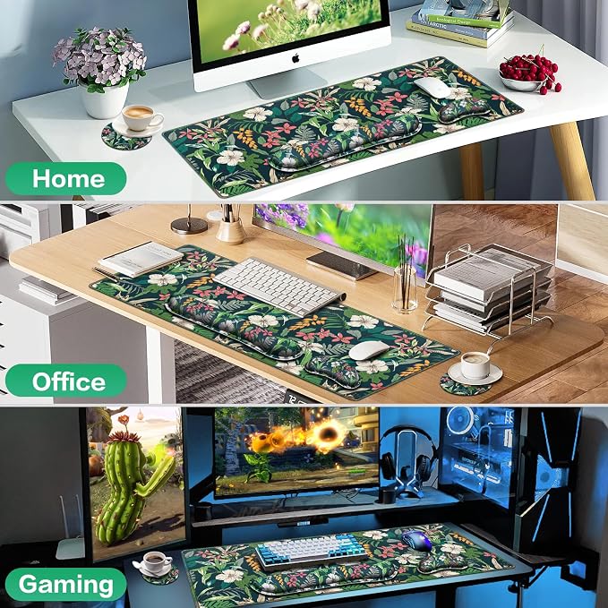Desk Mat Floral, Large Gaming Mouse Pad with Wrist Rest, 4in1 XXL Mousepad+Keyboard Wrist Rest+Mouse Pad Wrist Support+Cup Coaster Set Ergonomic Computer Desk Arm Wrist for Decor Home Office Women