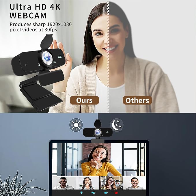 4K Webcam Camera for Computer, External Camera with Microphone, USB Plug&Play, Auto Low Light Correction, Privacy Cover, Tripod, Wide Angle for Meeting/Online Video/Zoom