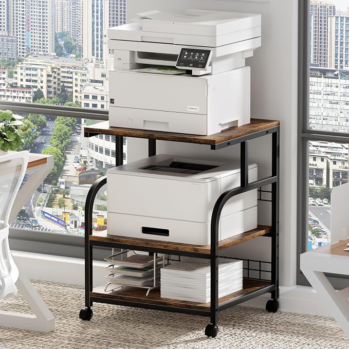 Lerliuo Large Printer Stand with Storage, 23.6"W x 18.9"D x 30.2"H, 5-Adjustable Shelf Heights Mobile 3 Tier Table with Lockable Wheels, Industrial Rolling Printer Cart, Brown Stands for Home Office