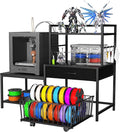 Saudism 3D Printer Stand with Storage Drawer and Rolling Filament Basket, Industrial Printer Table with Open Shelves and Hooks, Sturdy Metal Workstation for 3D Printing Tools and Accessories (Black)