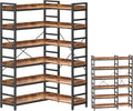 HCHQHS Adjustable Book Shelf with 8 Hooks, Reversible Corner Bookshelf, Industrial Wooden and Metal Bookcase for Living Room, Bedroom, Home Office (Rustic Brown, 6 Tier)