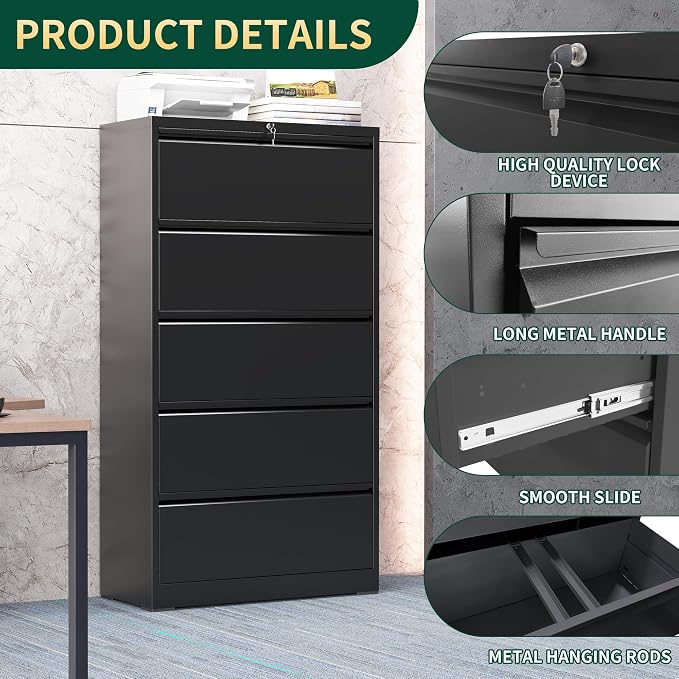 5 Drawer Lateral File Cabinet with Lock, Metal File Cabinets for Home Office, Steel Heavy-Duty Filing Storage Cabinet for Letters/Legal/A4 (Require Assembly, Black)