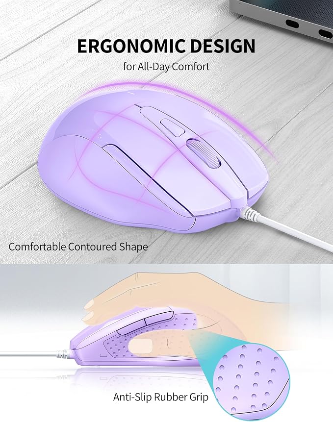 TECKNET Wired Mouse, 6-Button Corded with 4 Adjustable DPI, Optical Ergonomic Design, 5FT Cord for Laptop, Chromebook, PC, Desktop, Mac, Notebook - LT.Purple