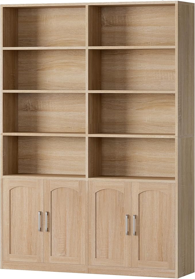 FACBOTALL Bookshelf and Bookcase with Doors, 6 Tier Double Wide Large Bookshelves, Open Display Shelves, 73'' Tall Bookshelf with Storage Cabinets for Home Office, Living Room, Library, Oak