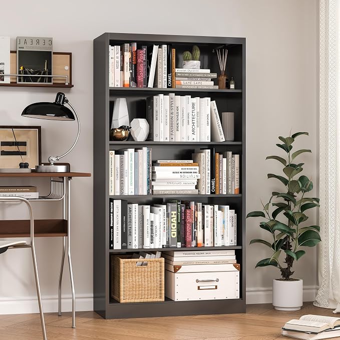 OSEILLC 5 Tier Bookcase, 55" Tall Heavy Duty Metal Bookshelf, Free Standing Bookcase with Back Panel & 4 Adjustable Storage Shelves, Open Display Shelf for Bedroom Living Room Home Office (Black)