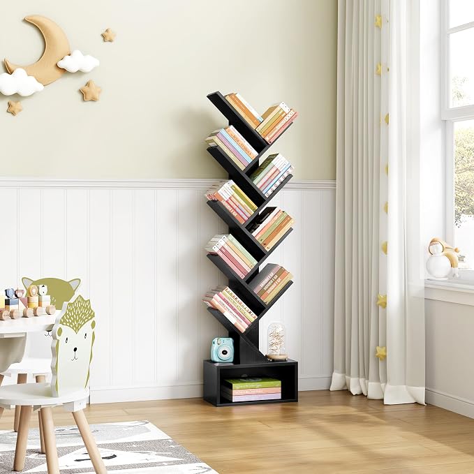 Hoctieon 9 Tier Tree Bookshelf, Tall Bookcase with Drawer, Wood Book Shelf, Modern Floor Standing Bookshelves, Book Organizer Shelves for Bedroom, Living Room, Home Office, Black
