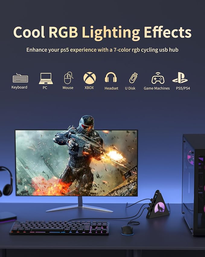 7-Port USB 3.0 Hub, Vertical USB Hub Splitter with RGB Lighting,5Gbps High-Speed Data Transfer and 2FT Extension Cable, Compatible with PC, MacBook, Laptop, PS5, Xbox, Flash Drive, Printer