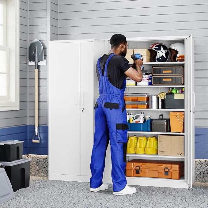 Yizosh Metal Storage Cabinet with Locking Doors and 5 Adjustable Shelves,- 72" Garage Storage White Steel Lockable File Cabinet for Office,Home,Garage