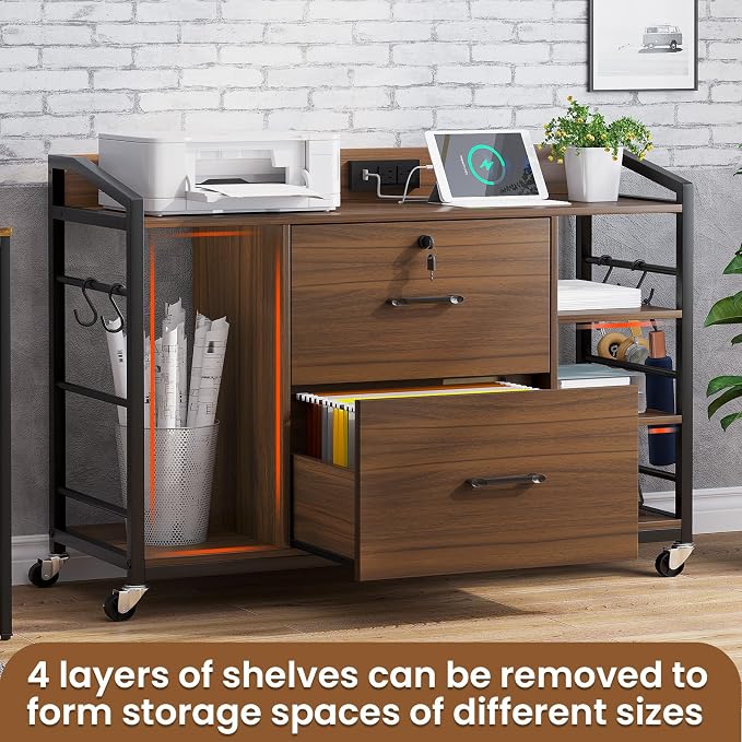 SEDETA 44" File Cabinet, Filing Cabinet fits Legal/Letter Size, 2 Drawer File Cabinets for Home Office with Lock, Power Strip, 6 Storage Shelves, Walnut Brown