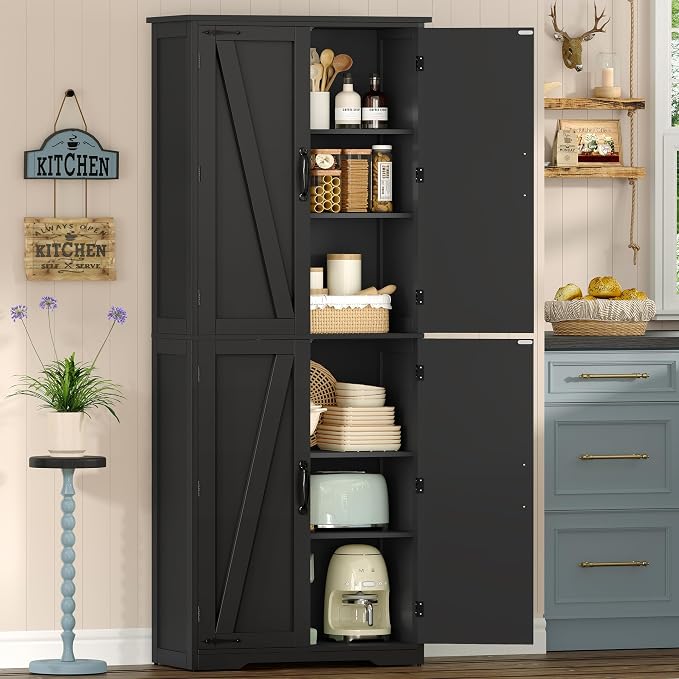 TEENFON Tall Storage Cabinet, Kitchen Cabinet with 4 Shelves, Adjustable Shelves, Pantry Cabinets with 4 Barn Doors, Tall Kitchen Cabinets for Dining Room, Living Room, Black
